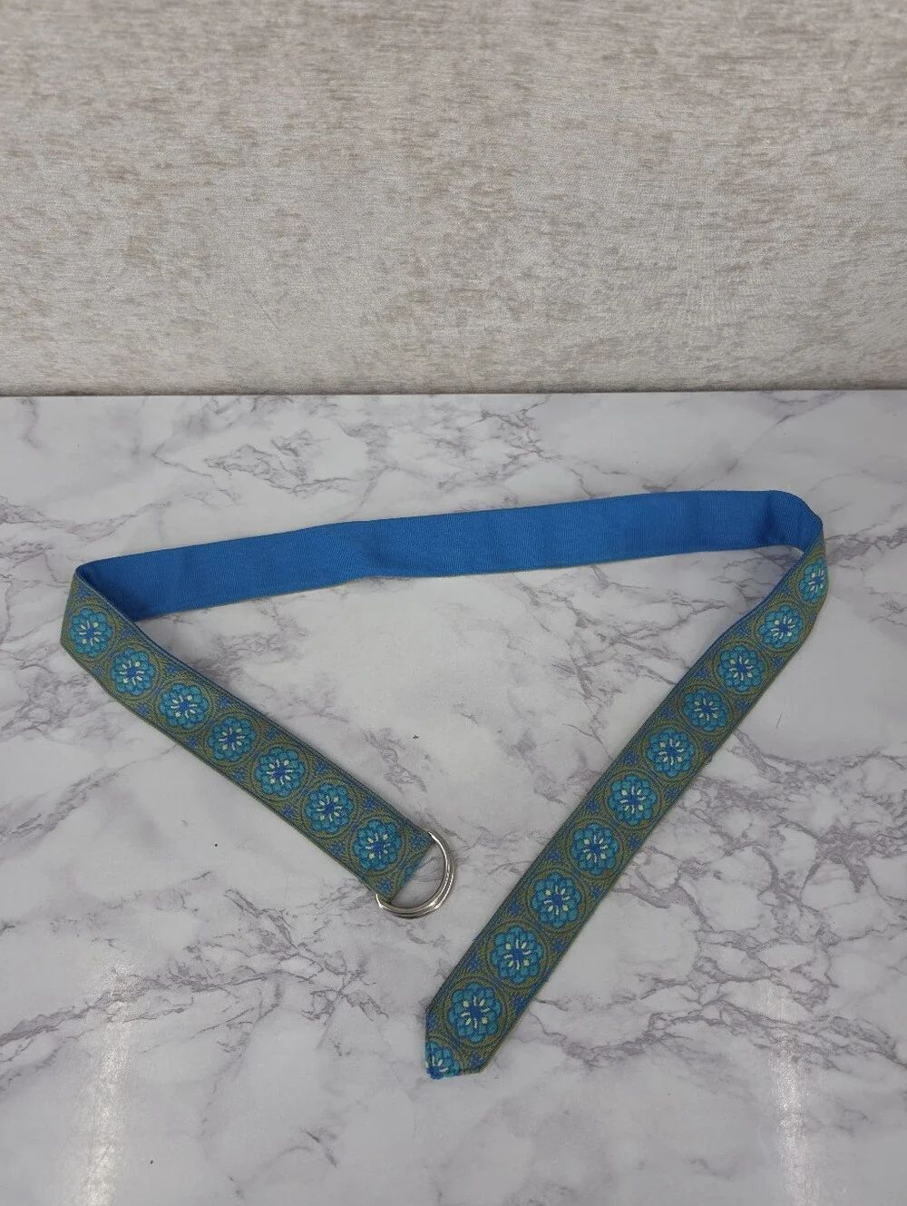 Vintage Blue Green Floral Tapestry Woven D-Ring Belt